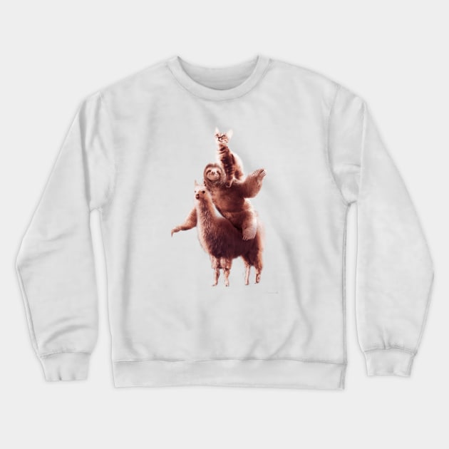 Cat Riding Sloth Riding Llama Crewneck Sweatshirt by Random Galaxy